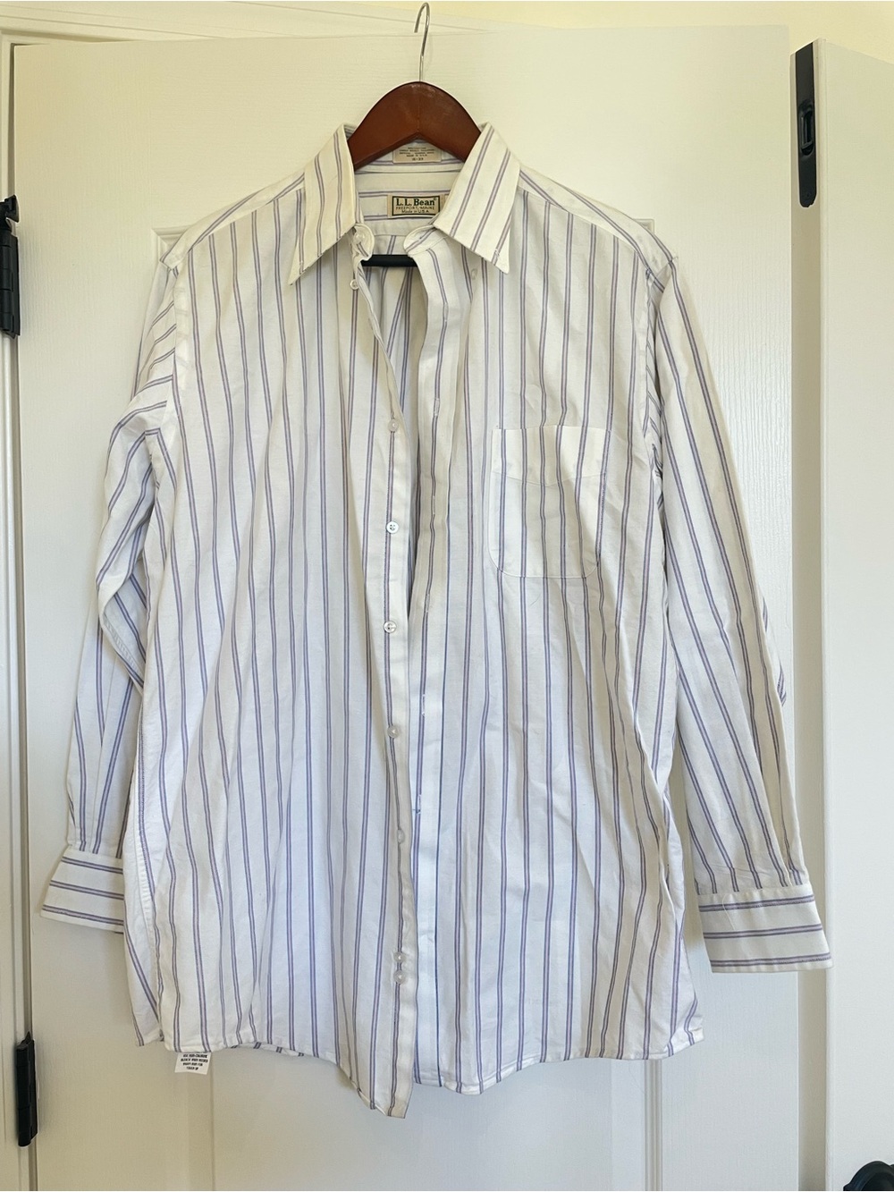 L.L. Bean Men's White Shirt with Blue Vertical Stripes